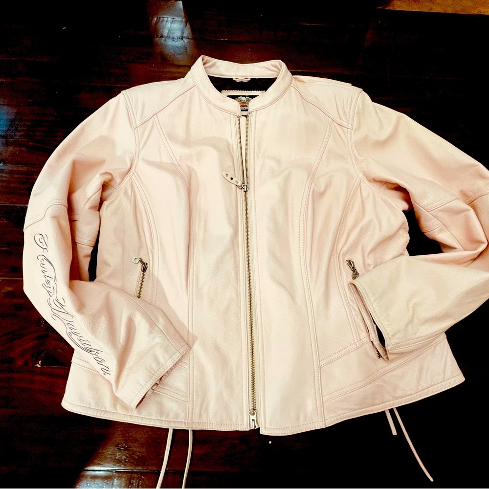 Women's pastel pink Cream Leather Jacket with Embroidery